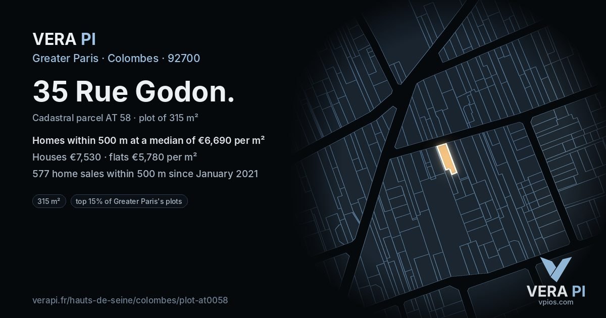 35 Rue Godon, Colombes at night – the plot lit, the parcels around coloured by the prices near them