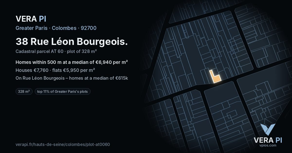 38 Rue Léon Bourgeois, Colombes at night – the plot lit, the parcels around coloured by the prices near them