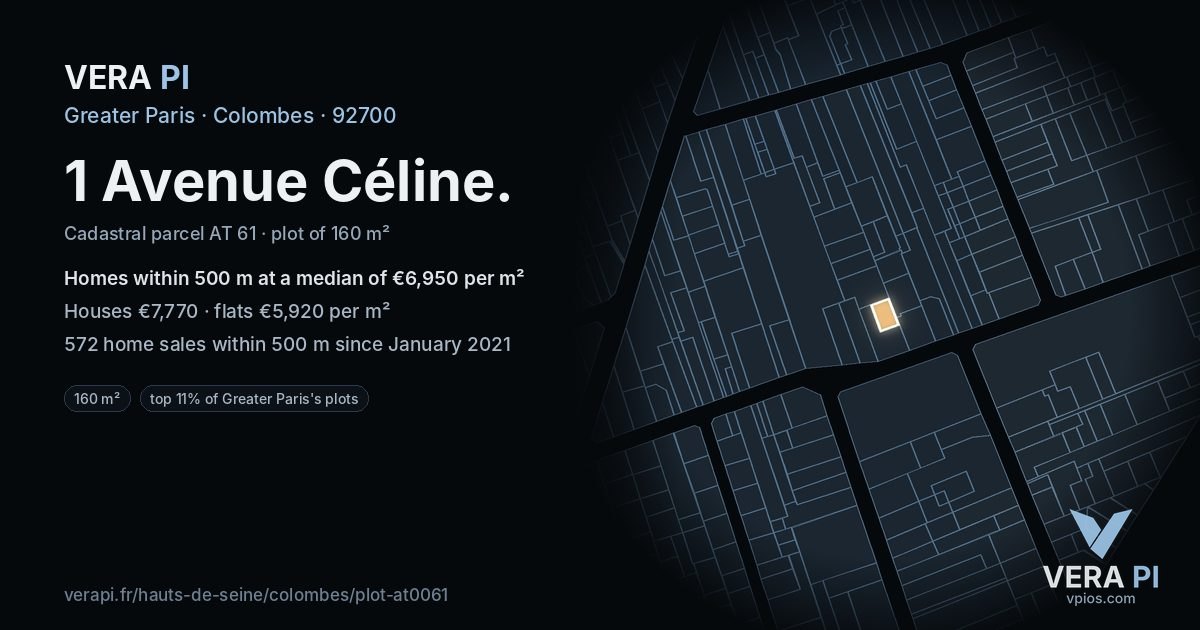 1 Avenue Céline, Colombes at night – the plot lit, the parcels around coloured by the prices near them