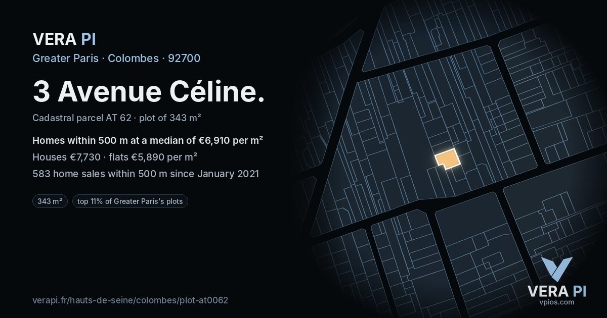 3 Avenue Céline, Colombes at night – the plot lit, the parcels around coloured by the prices near them