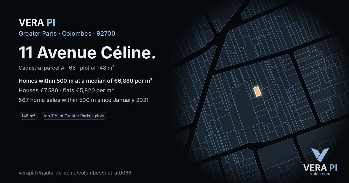 11 Avenue Céline, Colombes at night – the plot lit, the parcels around coloured by the prices near them