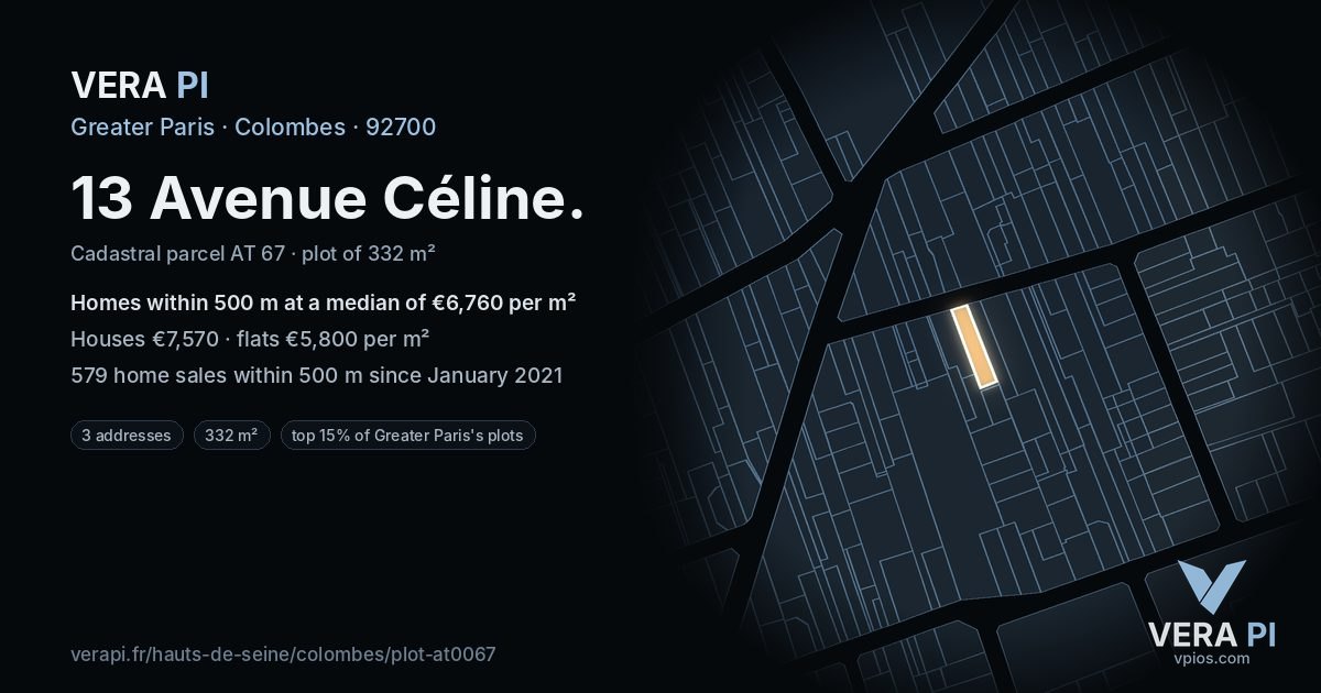 13 Avenue Céline, Colombes at night – the plot lit, the parcels around coloured by the prices near them