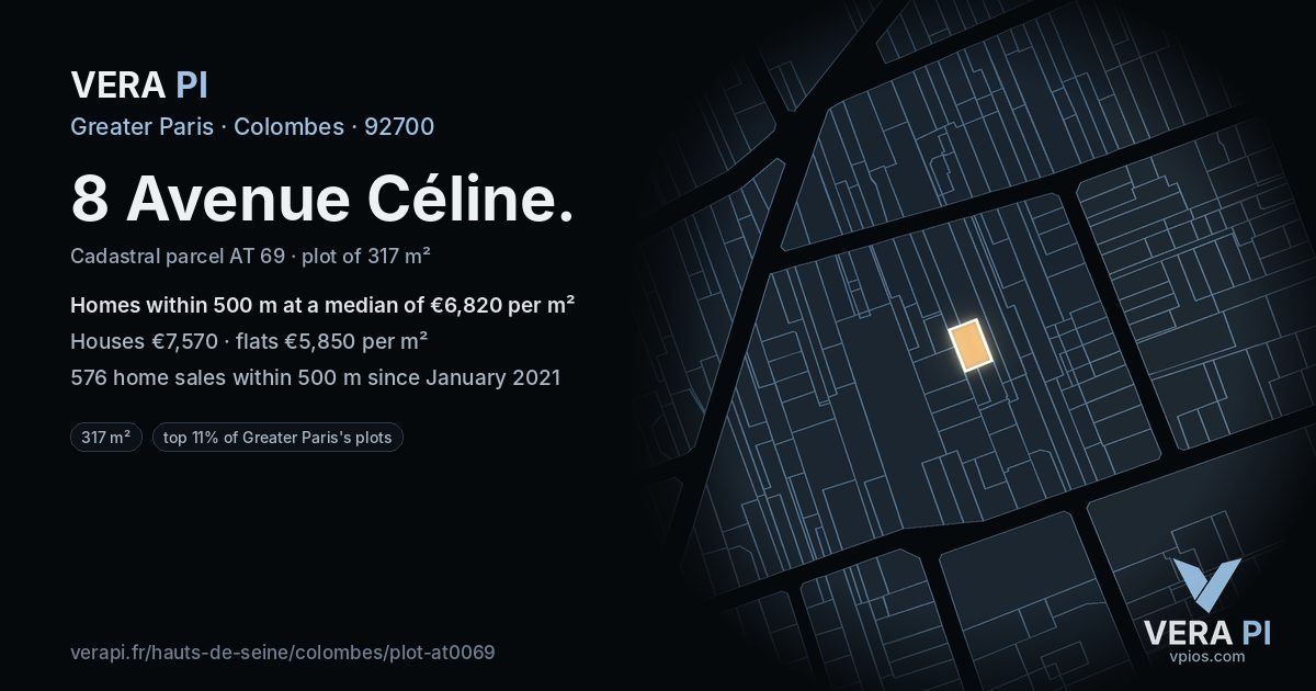 8 Avenue Céline, Colombes at night – the plot lit, the parcels around coloured by the prices near them