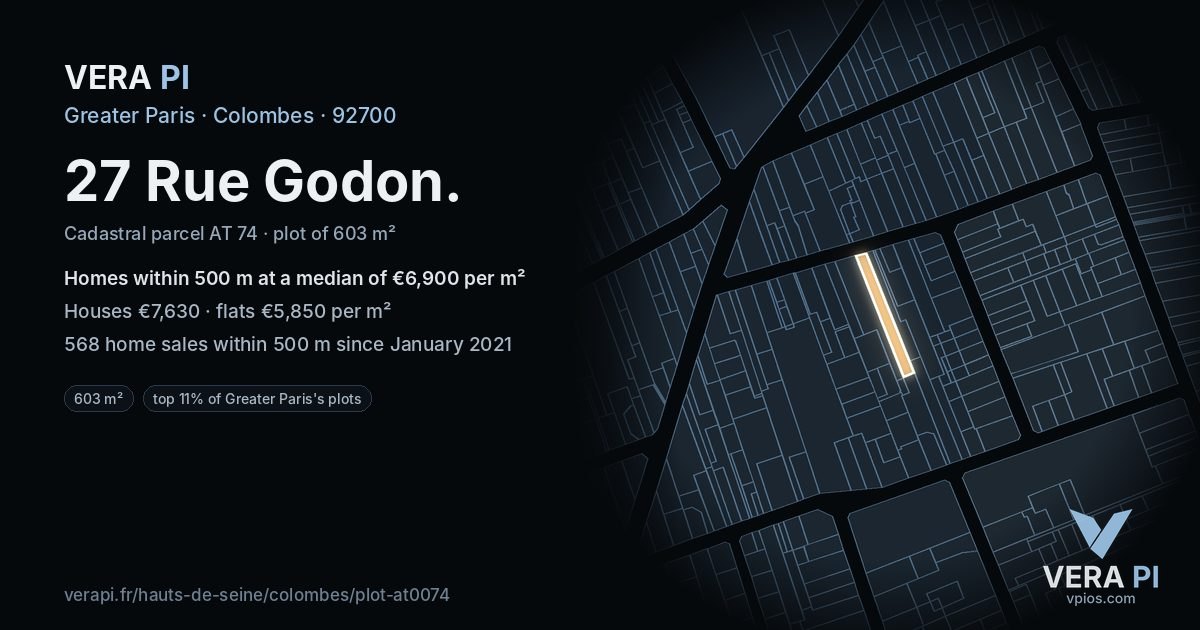 27 Rue Godon, Colombes at night – the plot lit, the parcels around coloured by the prices near them
