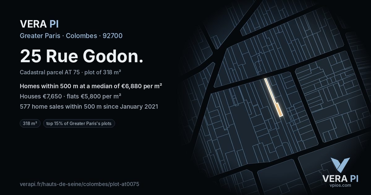 25 Rue Godon, Colombes at night – the plot lit, the parcels around coloured by the prices near them