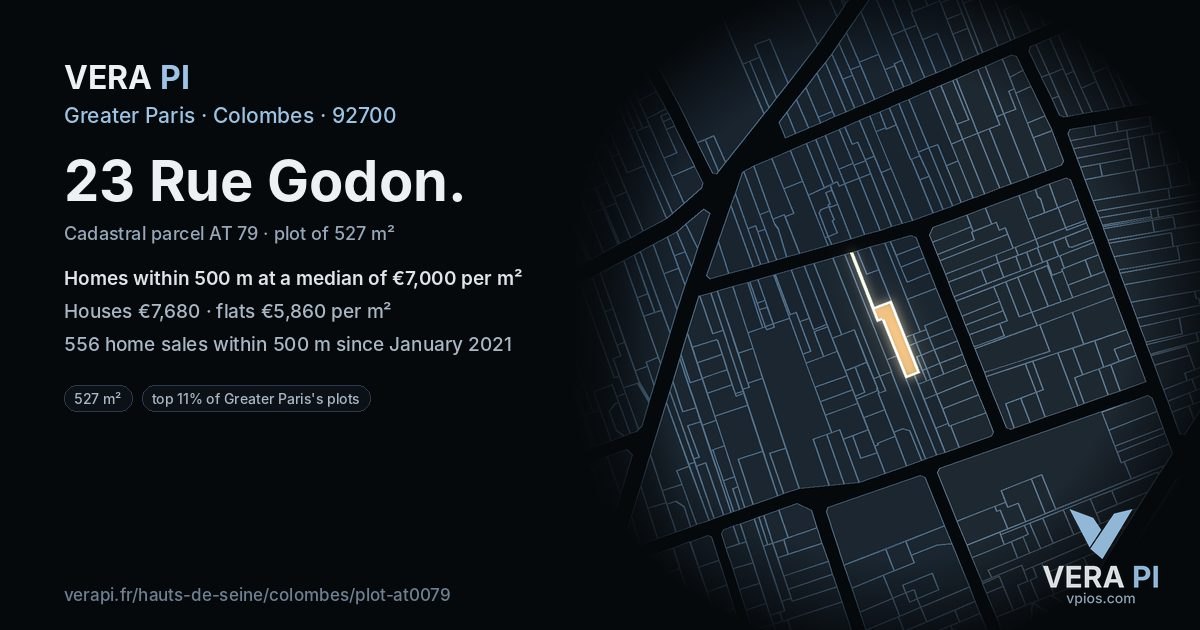 23 Rue Godon, Colombes at night – the plot lit, the parcels around coloured by the prices near them
