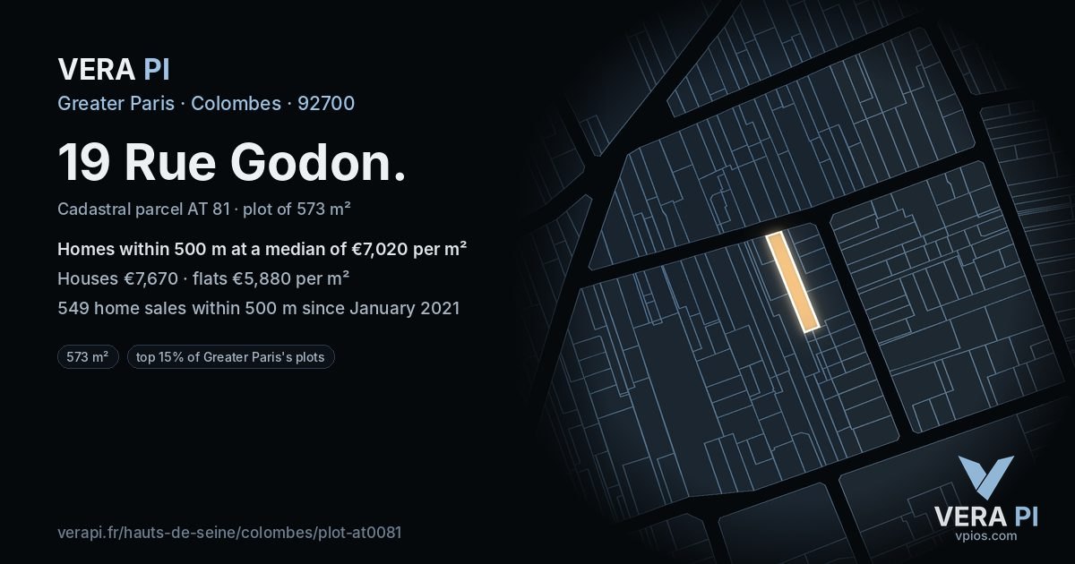 19 Rue Godon, Colombes at night – the plot lit, the parcels around coloured by the prices near them