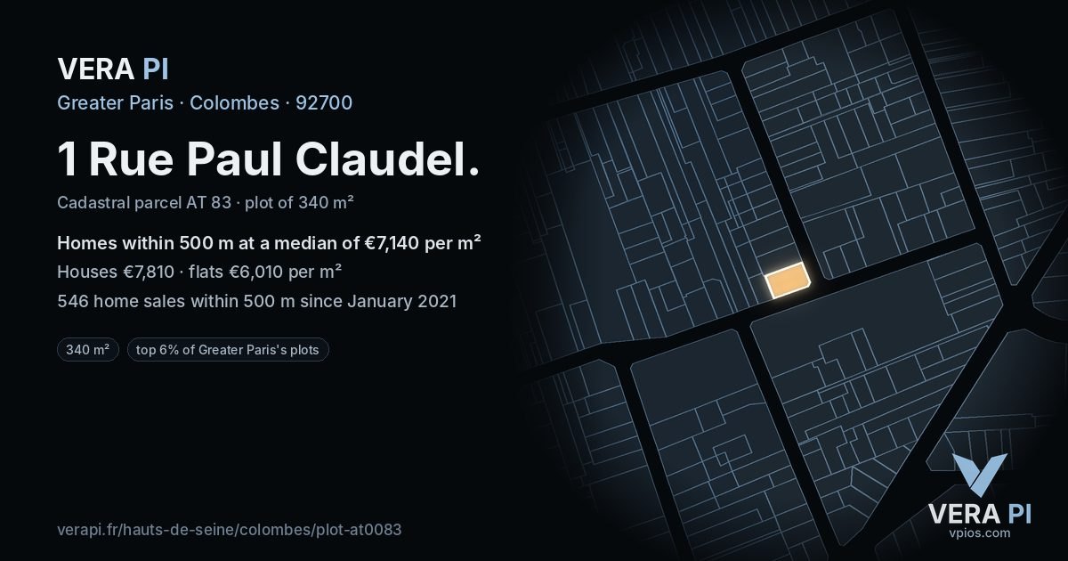 1 Rue Paul Claudel, Colombes at night – the plot lit, the parcels around coloured by the prices near them