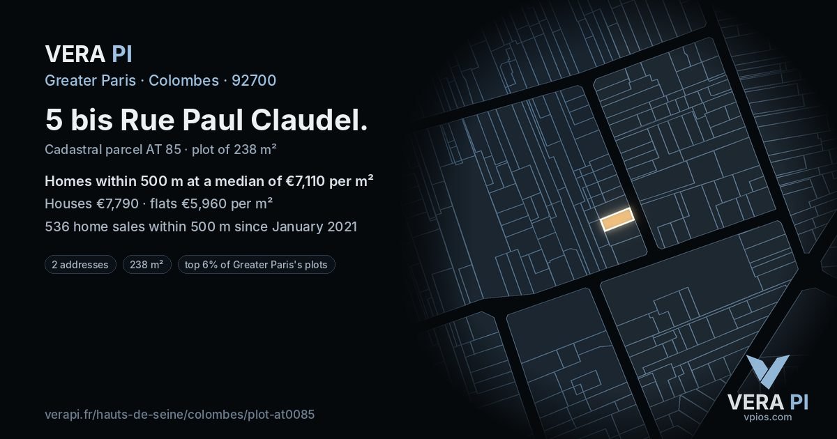 5 bis Rue Paul Claudel, Colombes at night – the plot lit, the parcels around coloured by the prices near them