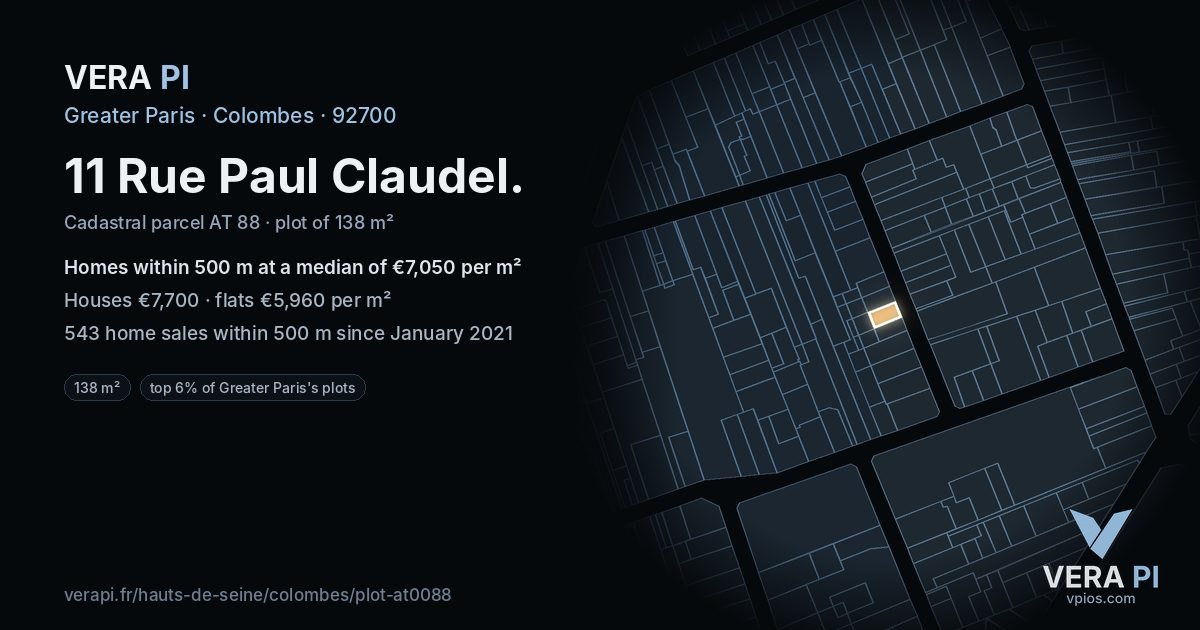 11 Rue Paul Claudel, Colombes at night – the plot lit, the parcels around coloured by the prices near them