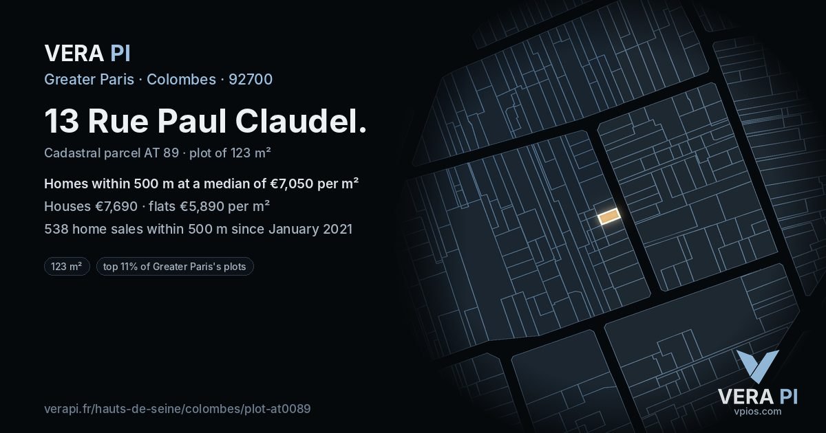 13 Rue Paul Claudel, Colombes at night – the plot lit, the parcels around coloured by the prices near them