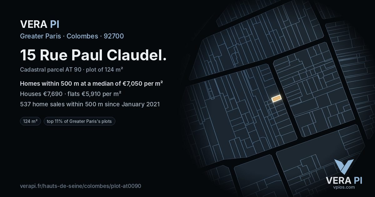 15 Rue Paul Claudel, Colombes at night – the plot lit, the parcels around coloured by the prices near them