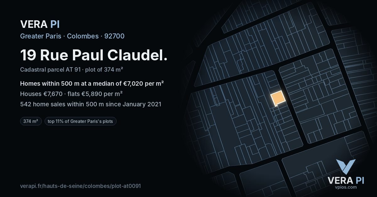 19 Rue Paul Claudel, Colombes at night – the plot lit, the parcels around coloured by the prices near them