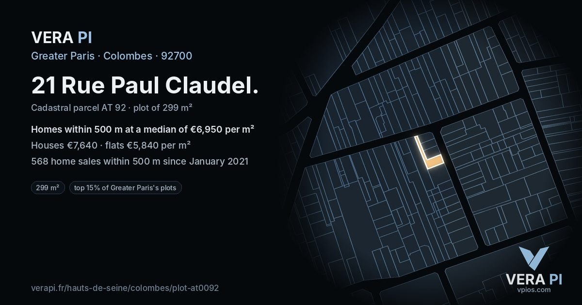 21 Rue Paul Claudel, Colombes at night – the plot lit, the parcels around coloured by the prices near them