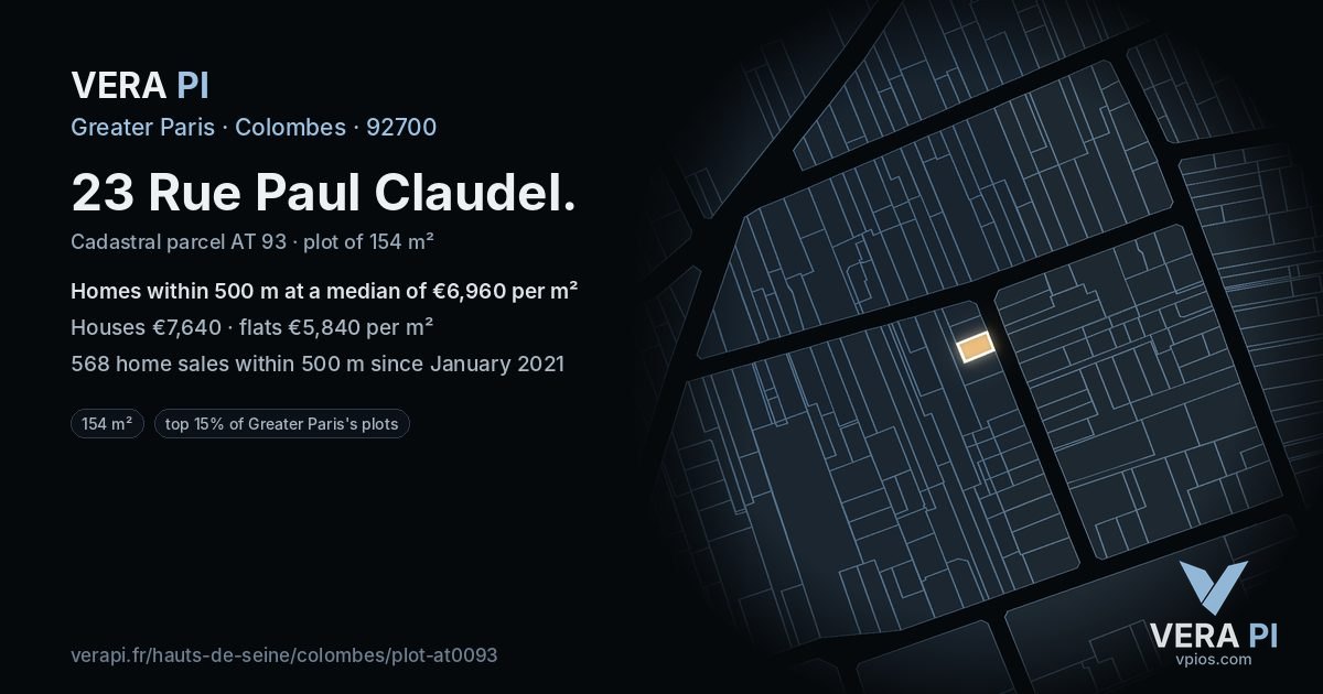 23 Rue Paul Claudel, Colombes at night – the plot lit, the parcels around coloured by the prices near them