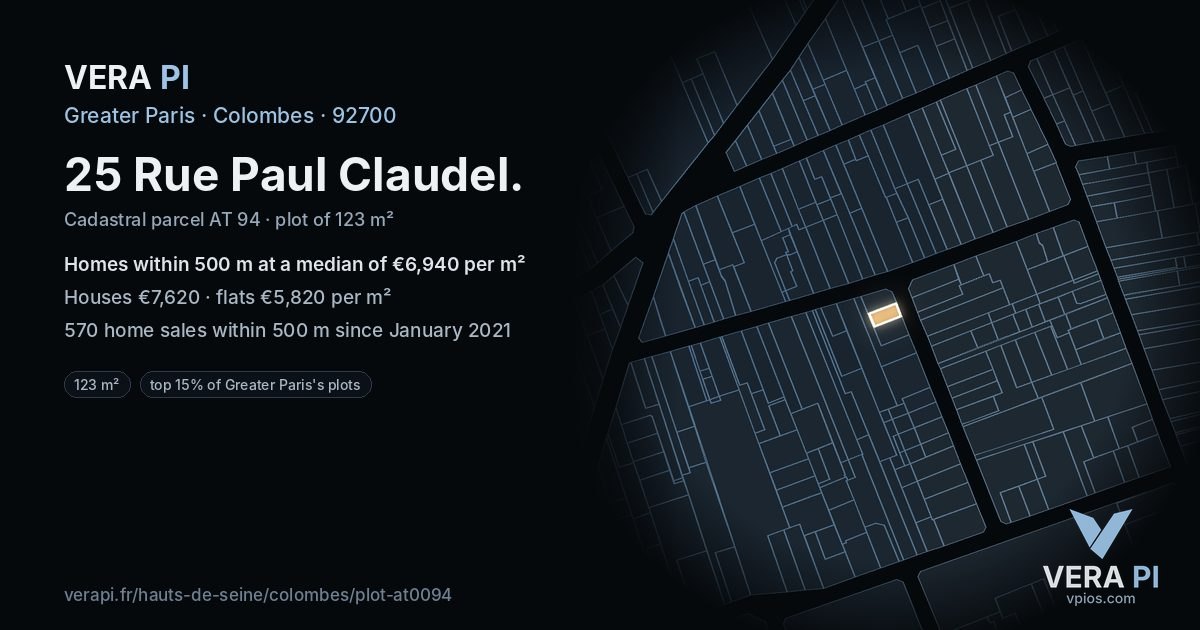 25 Rue Paul Claudel, Colombes at night – the plot lit, the parcels around coloured by the prices near them