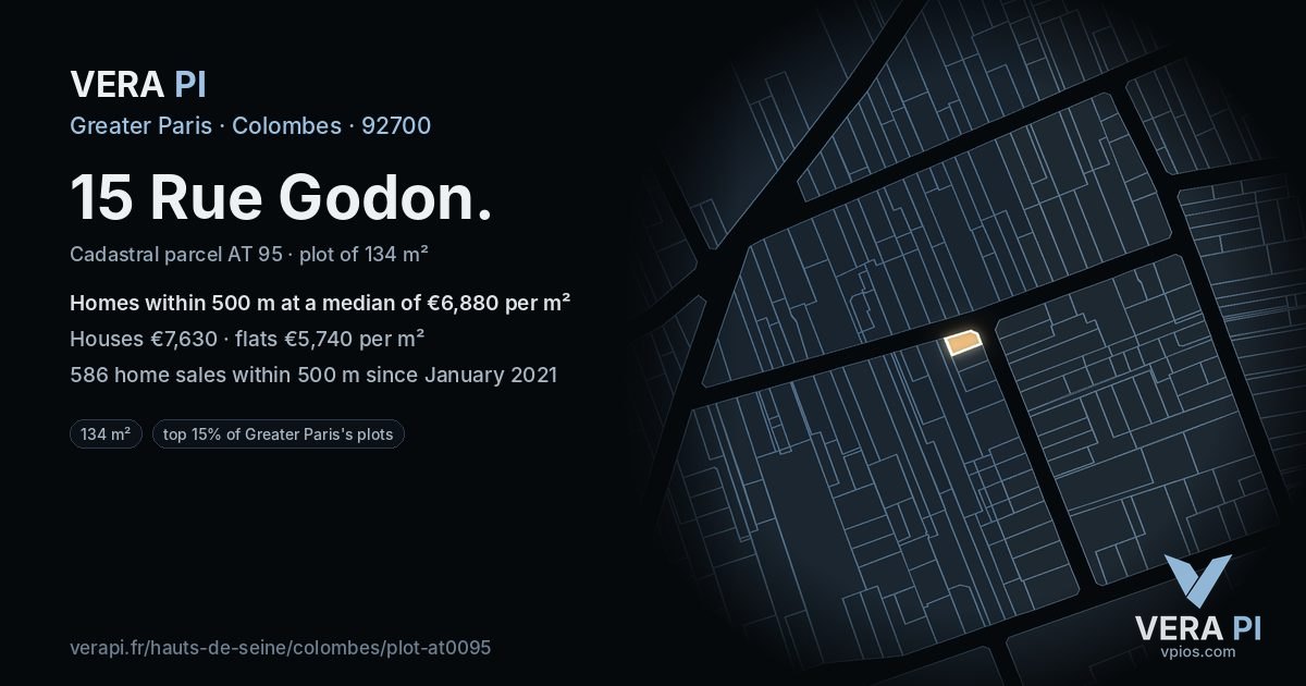 15 Rue Godon, Colombes at night – the plot lit, the parcels around coloured by the prices near them