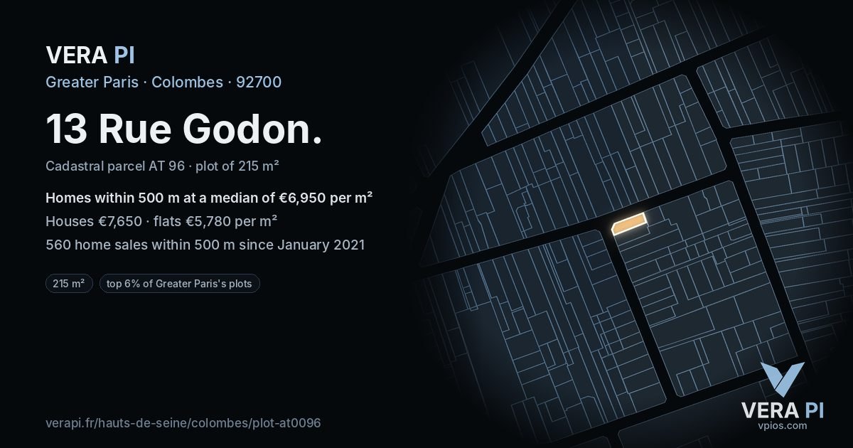 13 Rue Godon, Colombes at night – the plot lit, the parcels around coloured by the prices near them