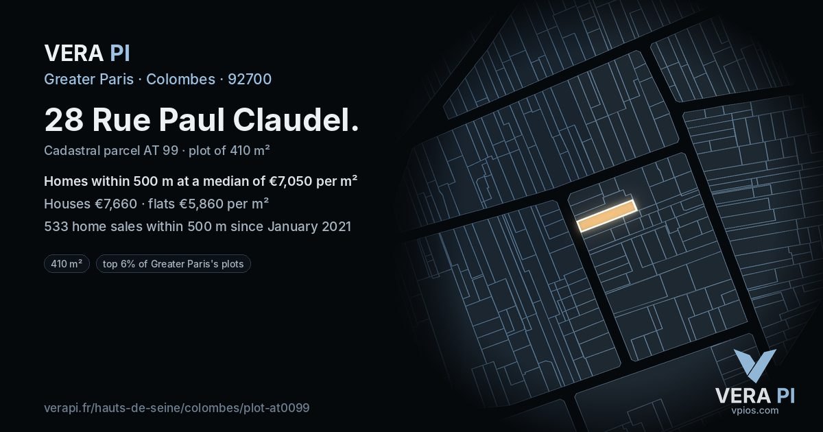 28 Rue Paul Claudel, Colombes at night – the plot lit, the parcels around coloured by the prices near them