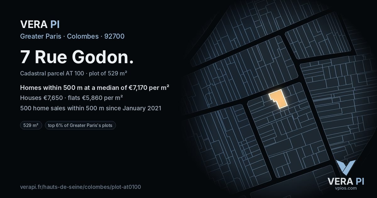 7 Rue Godon, Colombes at night – the plot lit, the parcels around coloured by the prices near them
