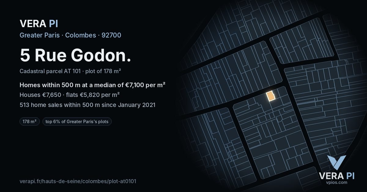 5 Rue Godon, Colombes at night – the plot lit, the parcels around coloured by the prices near them