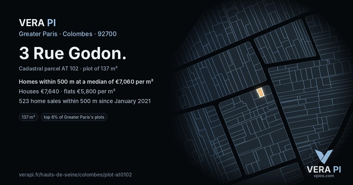 3 Rue Godon, Colombes at night – the plot lit, the parcels around coloured by the prices near them