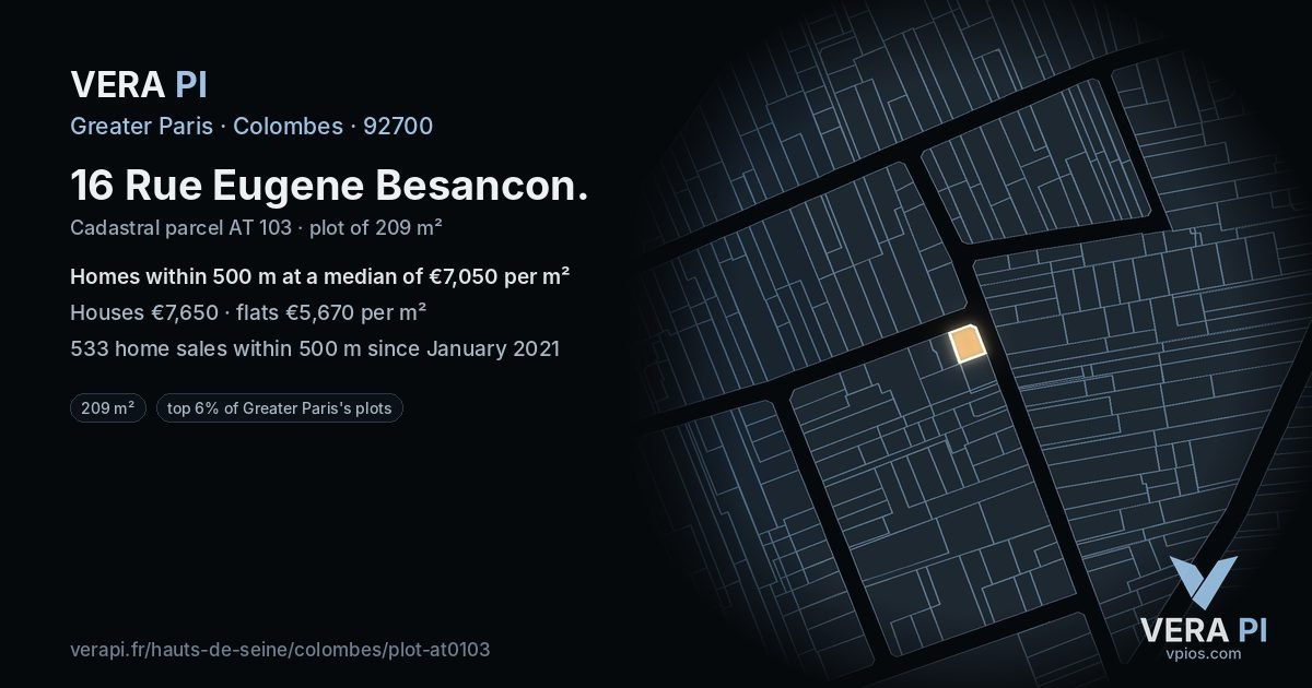16 Rue Eugene Besancon, Colombes at night – the plot lit, the parcels around coloured by the prices near them