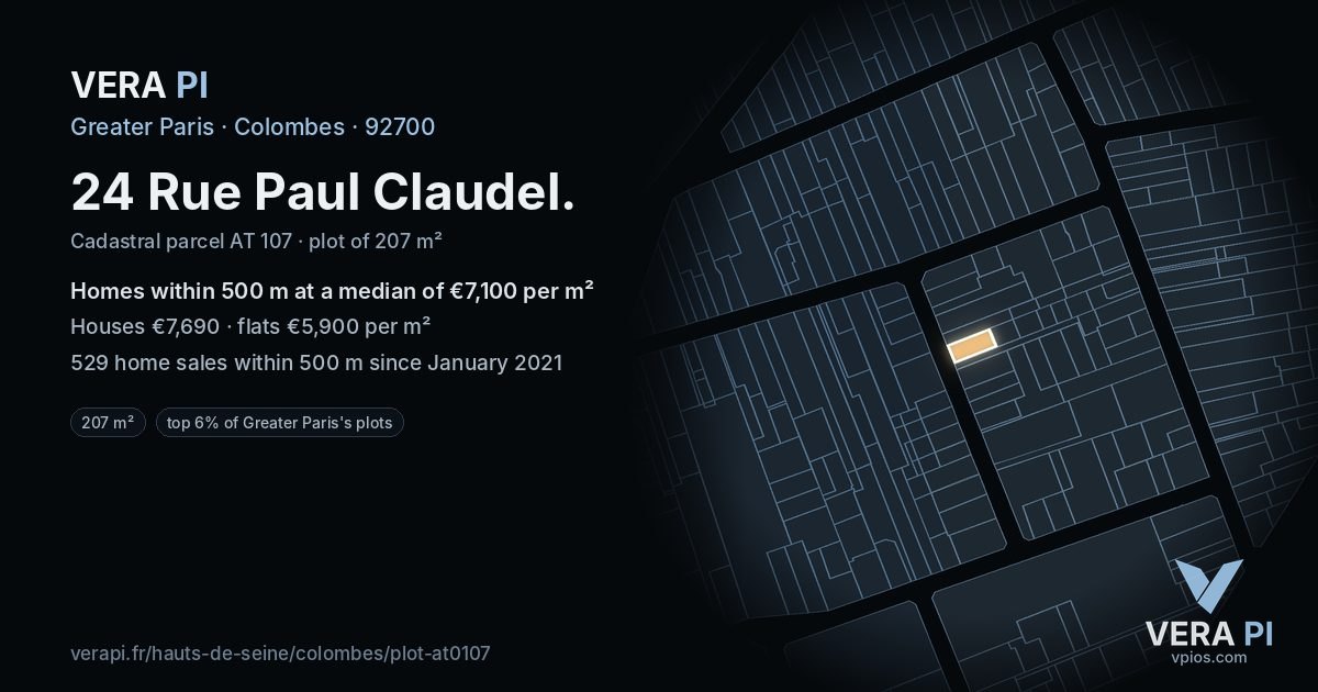 24 Rue Paul Claudel, Colombes at night – the plot lit, the parcels around coloured by the prices near them