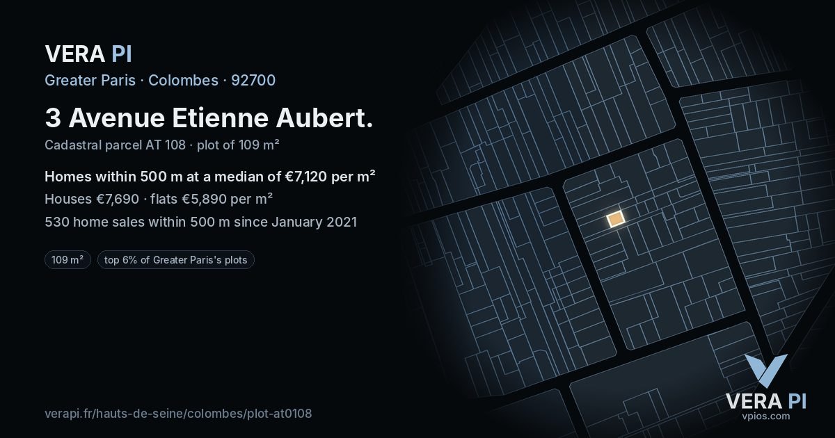 3 Avenue Etienne Aubert, Colombes at night – the plot lit, the parcels around coloured by the prices near them