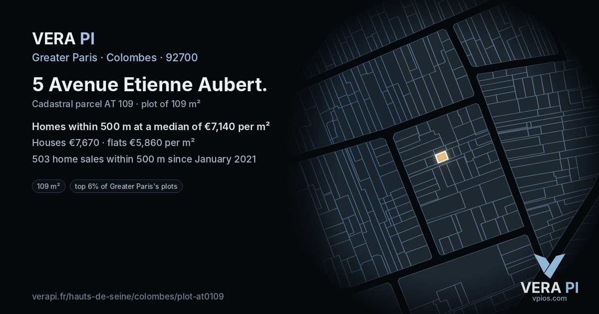 5 Avenue Etienne Aubert, Colombes at night – the plot lit, the parcels around coloured by the prices near them