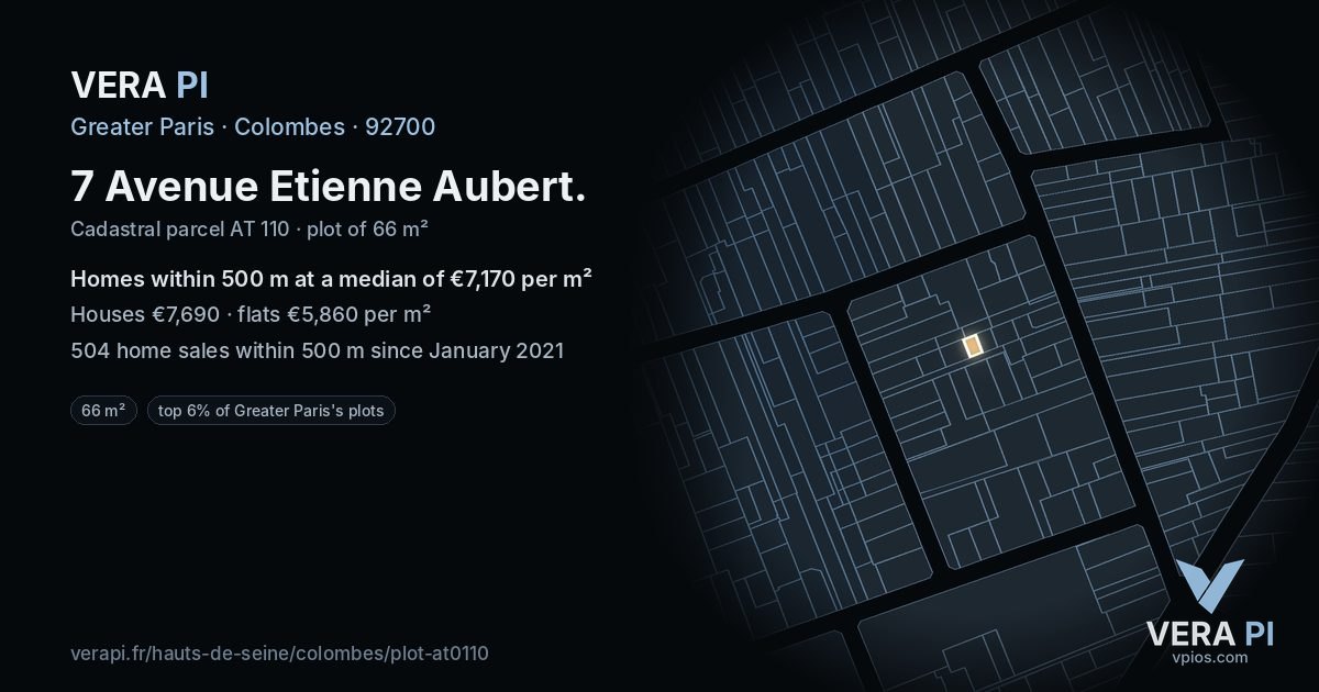7 Avenue Etienne Aubert, Colombes at night – the plot lit, the parcels around coloured by the prices near them