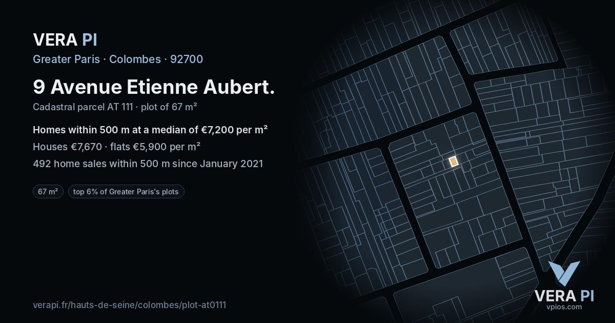 9 Avenue Etienne Aubert, Colombes at night – the plot lit, the parcels around coloured by the prices near them