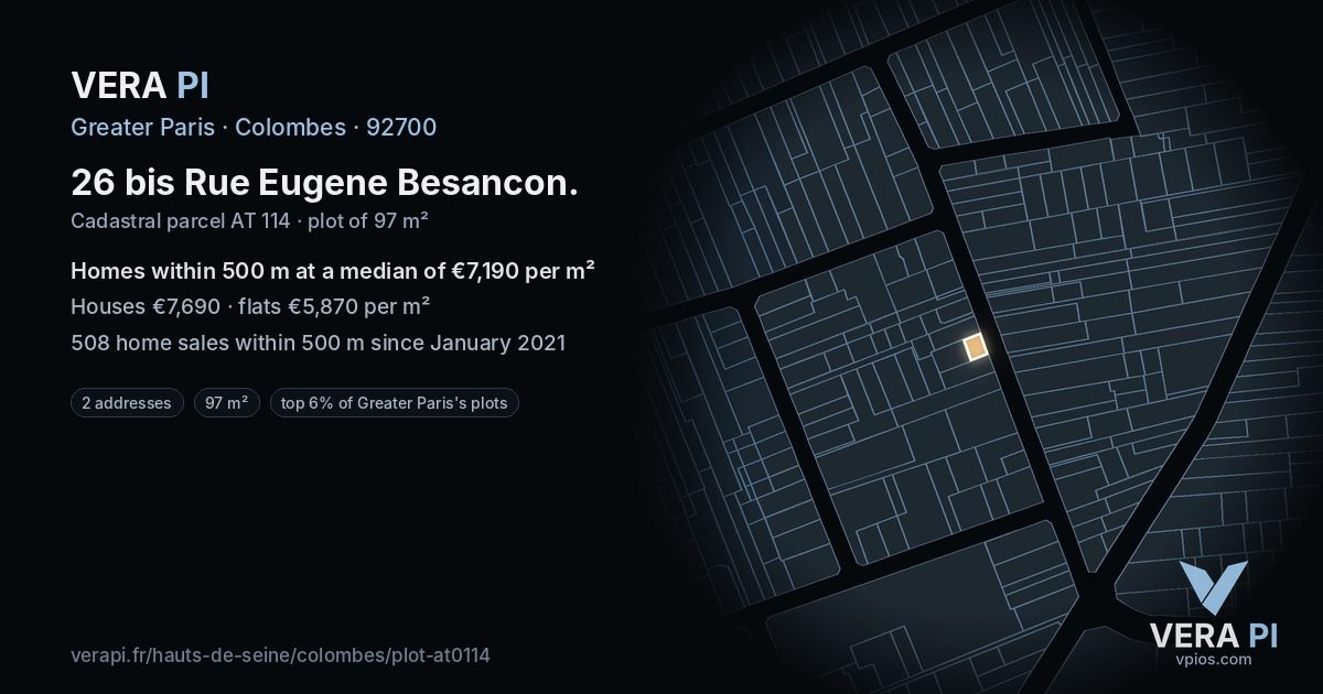 26 bis Rue Eugene Besancon, Colombes at night – the plot lit, the parcels around coloured by the prices near them
