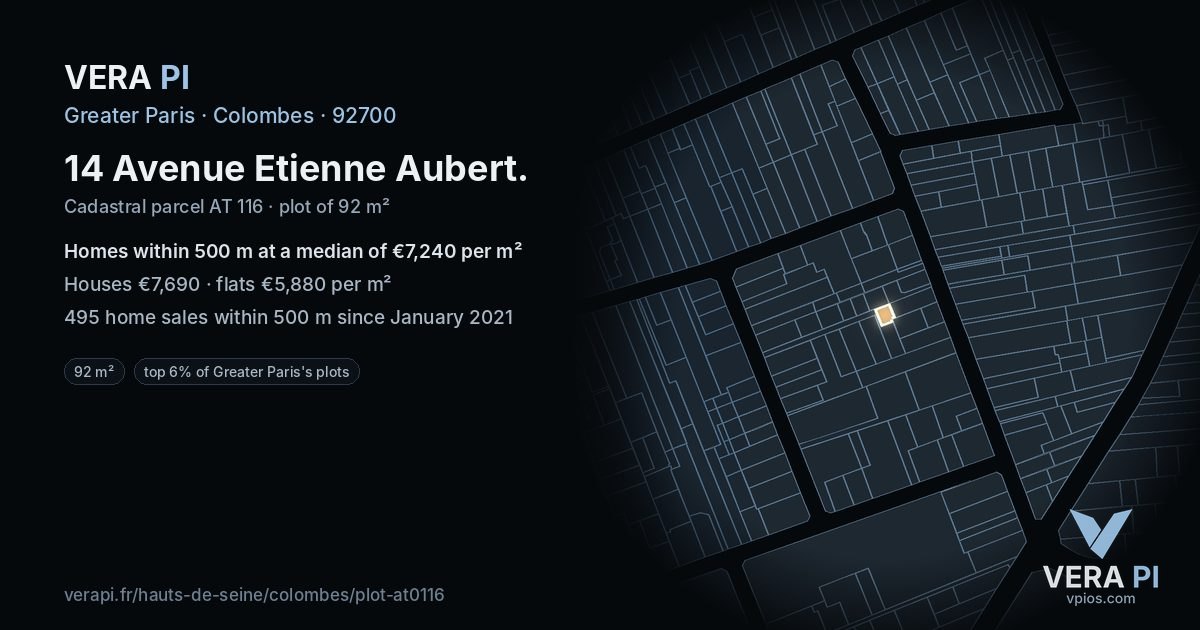 14 Avenue Etienne Aubert, Colombes at night – the plot lit, the parcels around coloured by the prices near them