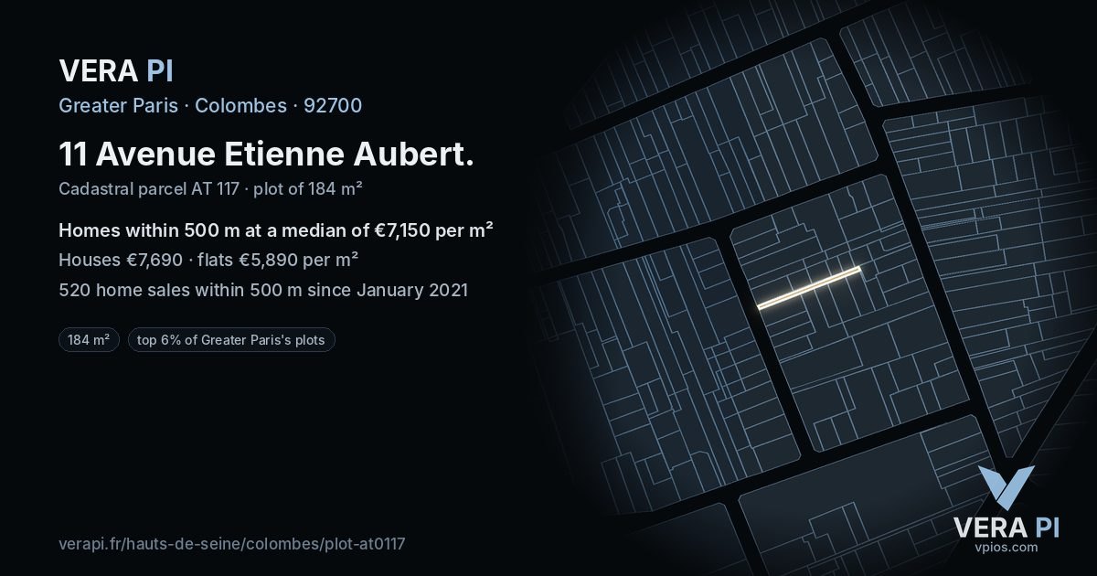 11 Avenue Etienne Aubert, Colombes at night – the plot lit, the parcels around coloured by the prices near them
