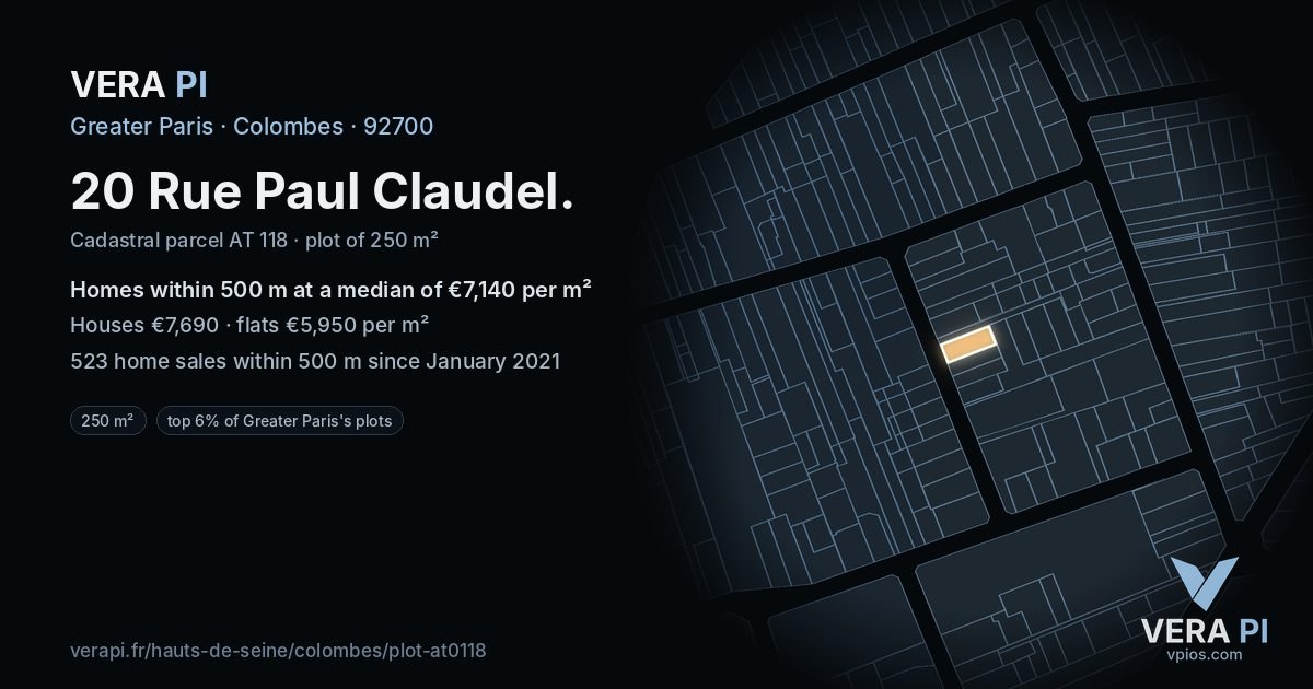 20 Rue Paul Claudel, Colombes at night – the plot lit, the parcels around coloured by the prices near them