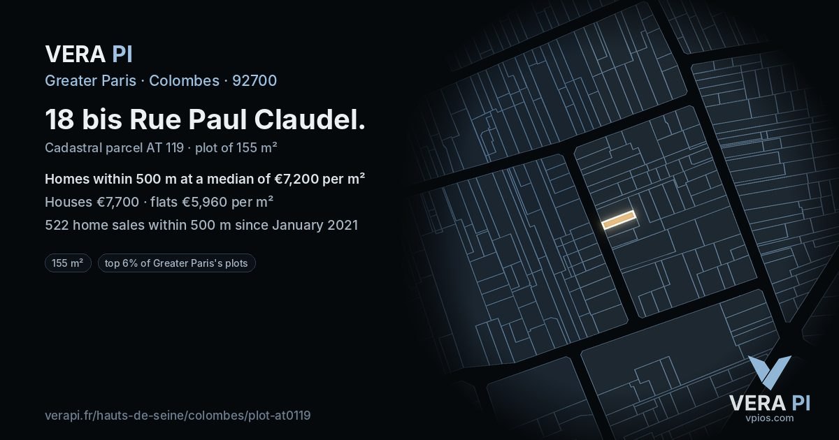 18 bis Rue Paul Claudel, Colombes at night – the plot lit, the parcels around coloured by the prices near them