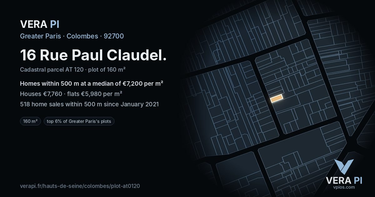 16 Rue Paul Claudel, Colombes at night – the plot lit, the parcels around coloured by the prices near them