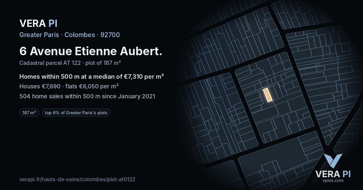 6 Avenue Etienne Aubert, Colombes at night – the plot lit, the parcels around coloured by the prices near them