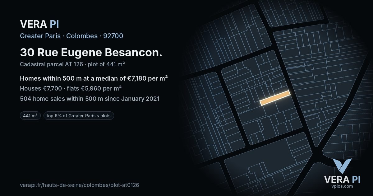 30 Rue Eugene Besancon, Colombes at night – the plot lit, the parcels around coloured by the prices near them