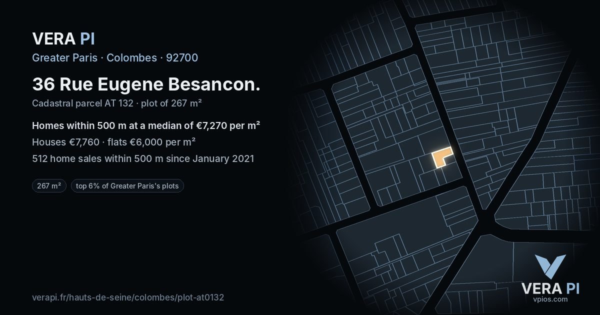 36 Rue Eugene Besancon, Colombes at night – the plot lit, the parcels around coloured by the prices near them