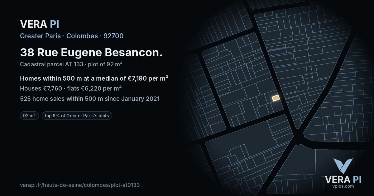 38 Rue Eugene Besancon, Colombes at night – the plot lit, the parcels around coloured by the prices near them