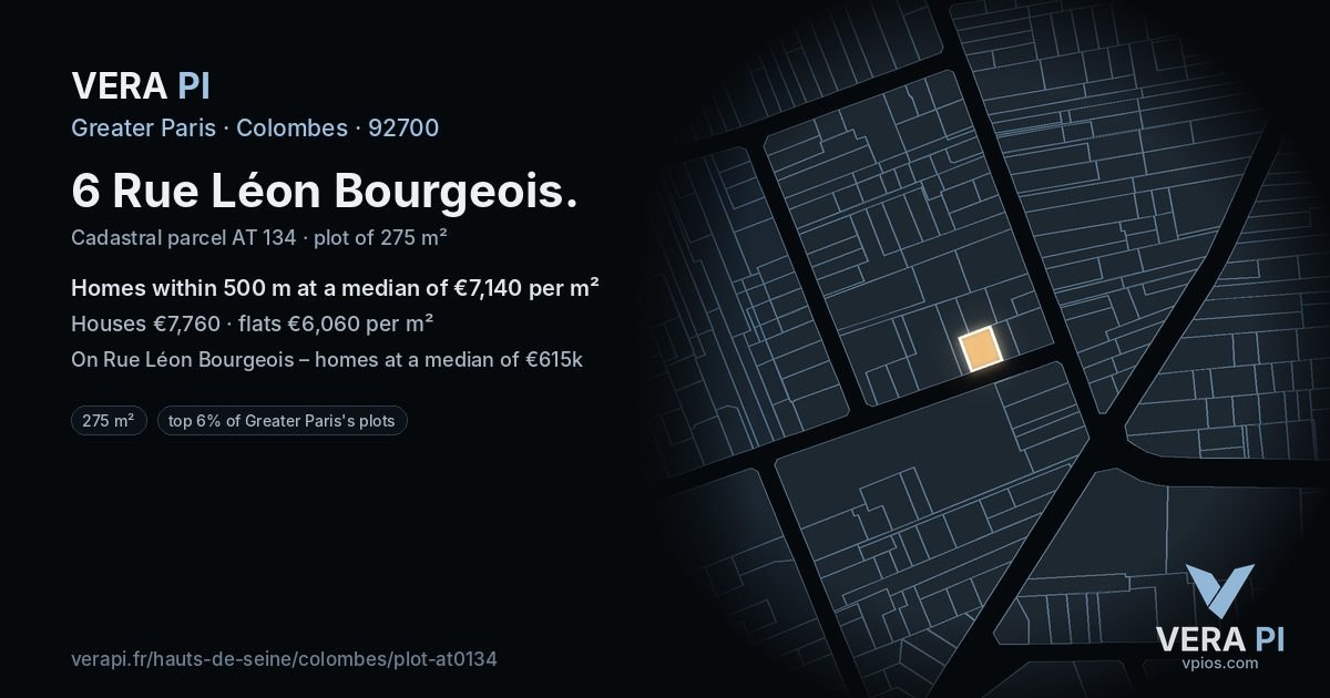 6 Rue Léon Bourgeois, Colombes at night – the plot lit, the parcels around coloured by the prices near them