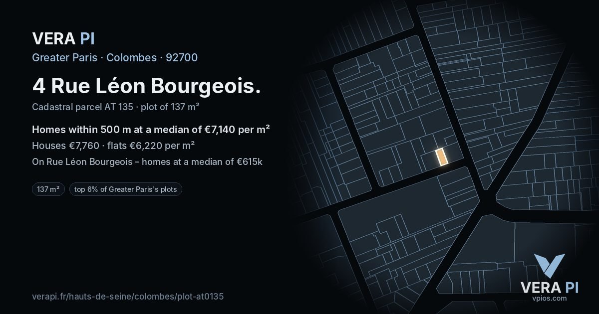 4 Rue Léon Bourgeois, Colombes at night – the plot lit, the parcels around coloured by the prices near them