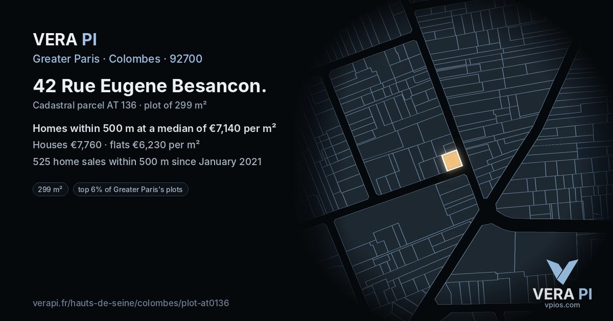 42 Rue Eugene Besancon, Colombes at night – the plot lit, the parcels around coloured by the prices near them