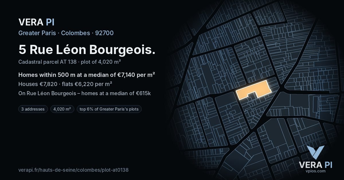 5 Rue Léon Bourgeois, Colombes at night – the plot lit, the parcels around coloured by the prices near them