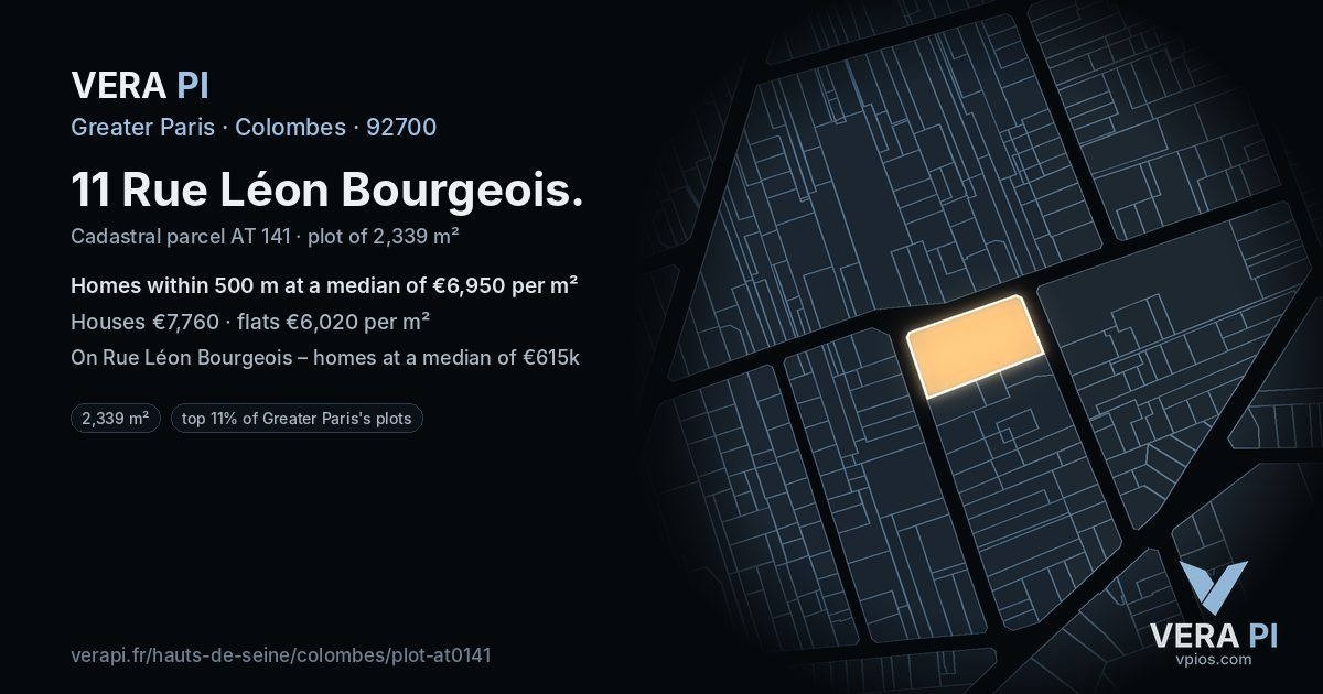 11 Rue Léon Bourgeois, Colombes at night – the plot lit, the parcels around coloured by the prices near them