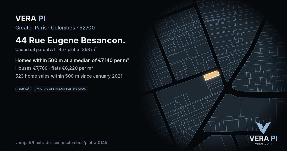 44 Rue Eugene Besancon, Colombes at night – the plot lit, the parcels around coloured by the prices near them