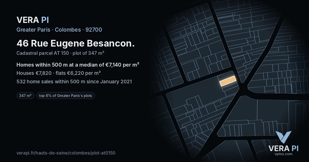 46 Rue Eugene Besancon, Colombes at night – the plot lit, the parcels around coloured by the prices near them