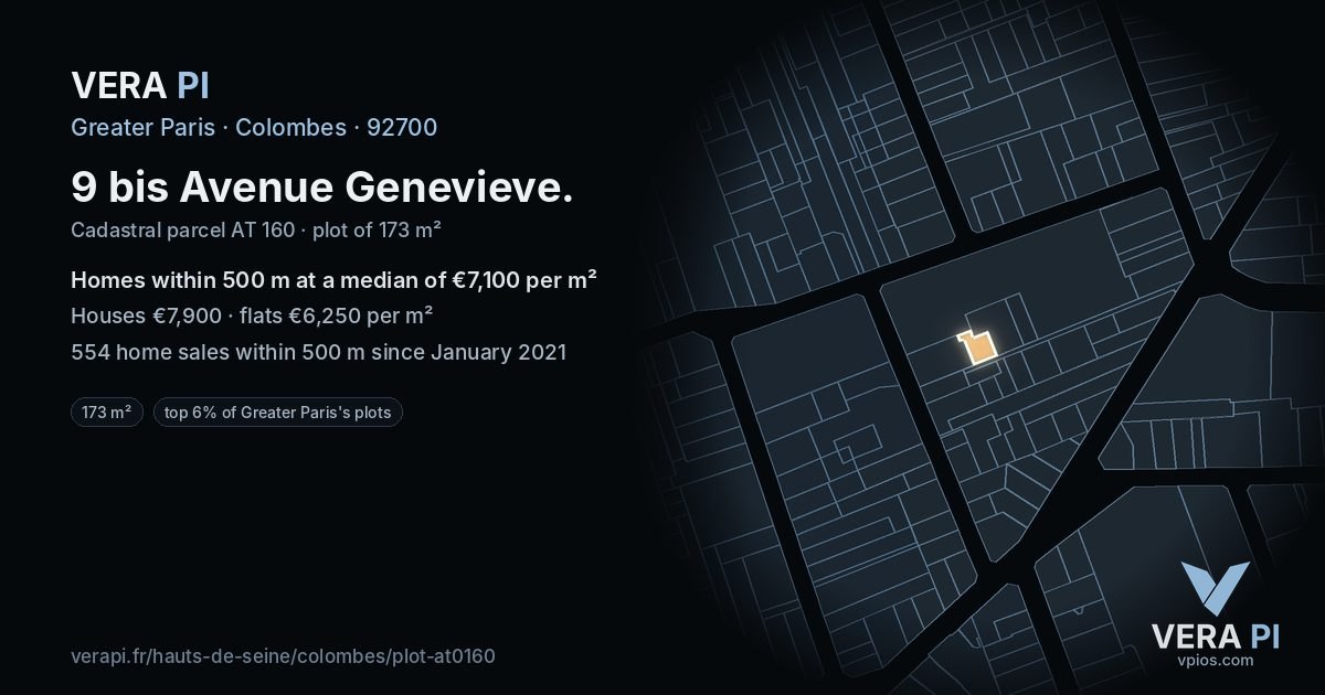 9 bis Avenue Genevieve, Colombes at night – the plot lit, the parcels around coloured by the prices near them
